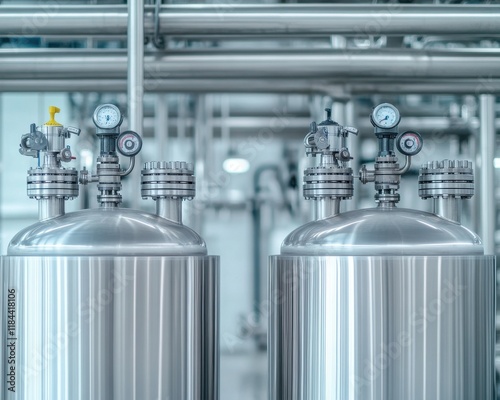 Close-up of industrial pressure tanks with gauges, showcasing the intricate details of manufacturing processes. photo