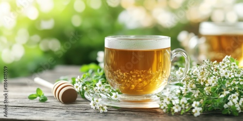 Wallpaper Mural Aromatic herbal tea made from Capsella bursa pastoris, known as shepherd s purse, combined with honey, traditional medicine remedy. Fresh shepherd s purse on a wooden table enhances the experience. Torontodigital.ca