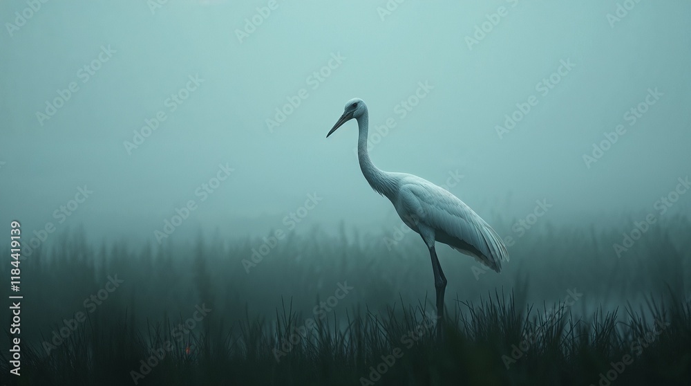 Obraz premium An eerie, soft cinematic image of a whooping crane in wetlands, grasslands, and marshes, rendered with a hazy, soft focus background, dark tones, and unsettling details, creating a creepy atmosphere.