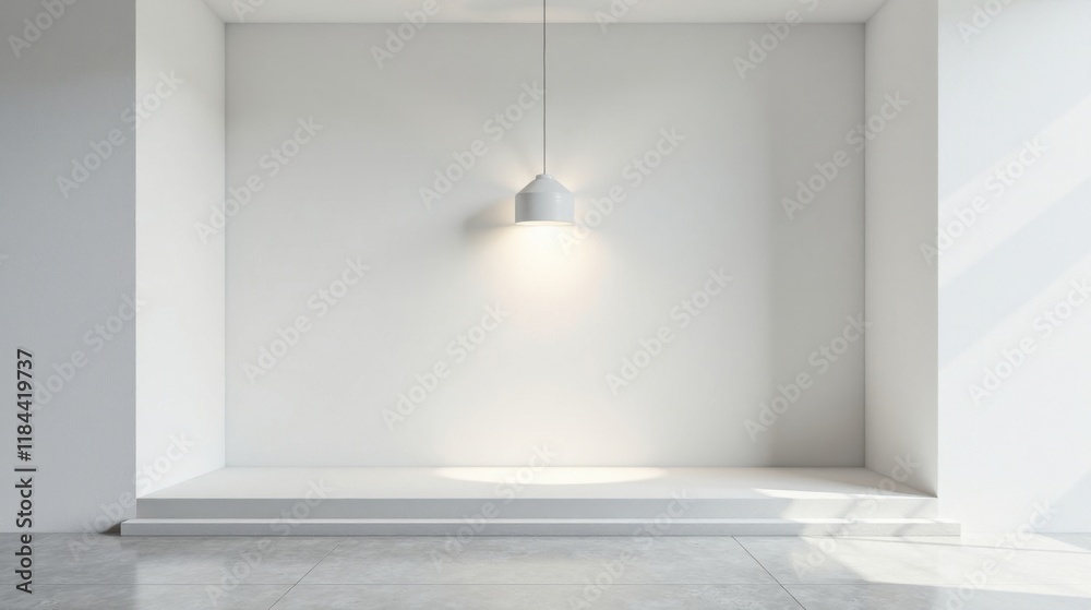 Fototapeta premium Minimalist Interior Design Bright White Room with Simple Pendant Light and Elevated Platform