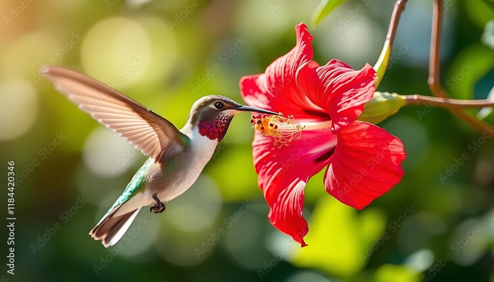 Naklejka premium Hummingbird's Graceful Nectar Sip: Vibrant Hibiscus and Sunlit Scene