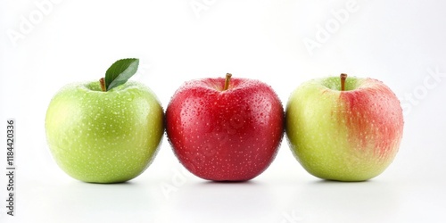 Fresh green and red apples on a clean white background showcase the vibrant colors and appeal of apples, making them perfect for illustrating the beauty and freshness of apples.