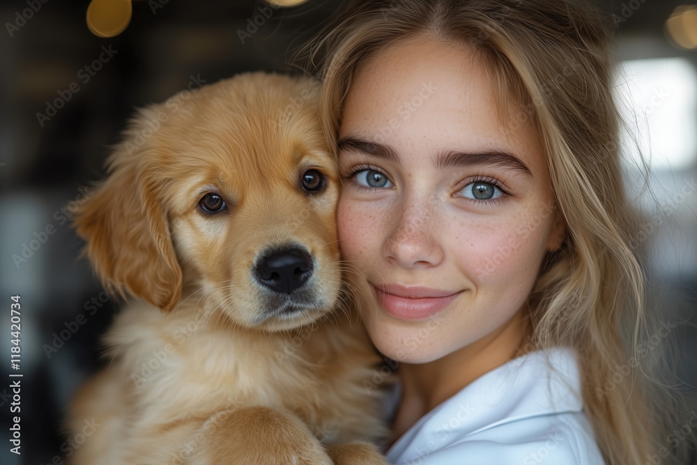 Junge Tierärztin mit goldenem Retriever-Welpen in verschiedenen Porträts Junge Tierärztin mit goldenem Retriever-Welpen in verschiedenen Porträts