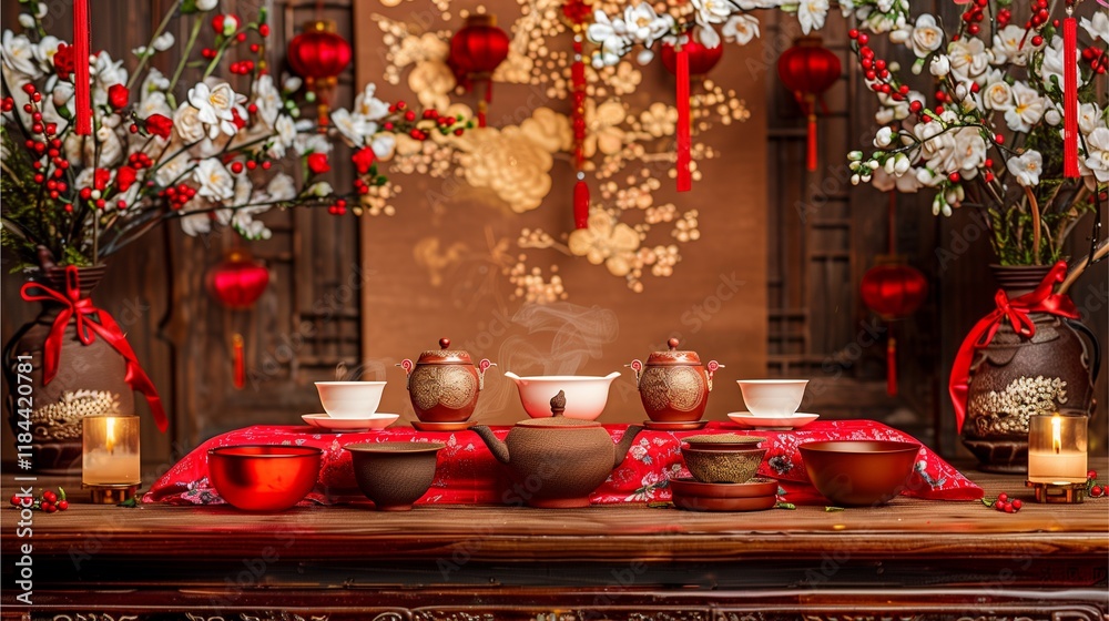 Fototapeta premium Serene Chinese Tea Ceremony: A captivating scene of a traditional Chinese tea ceremony, featuring ornate teaware, blooming branches, and red lanterns.