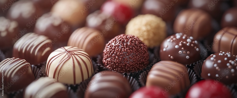 Assorted gourmet chocolates in a box, close-up view showing various shapes, colors, and textures. Assorted gourmet chocolates in a box, close-up view showing various shapes, colors, and textures.