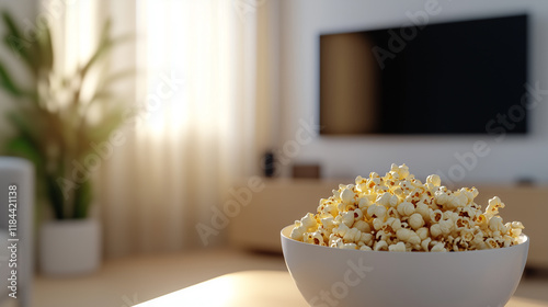 Close-up of a bowl of popcorn on table in front of the TV, in a bright and modern living room. Copy space image. 