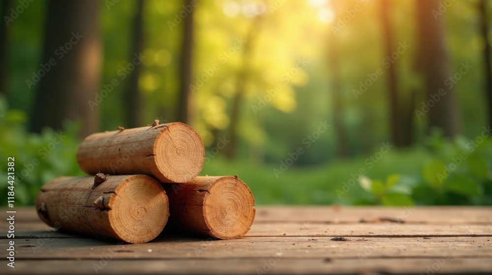 Three Wooden Logs Resting on a Rustic Wooden Surface in a Forest Setting