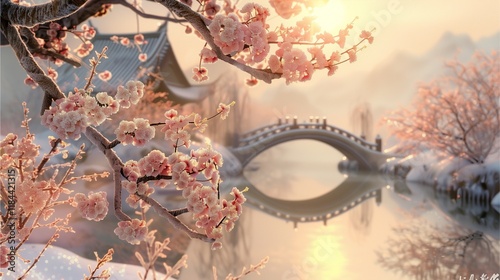 Winter Serenity: A tranquil scene of a traditional Chinese bridge arching over a misty lake, framed by delicate pink blossoms and a serene sunrise. The soft light, frosted branches. photo