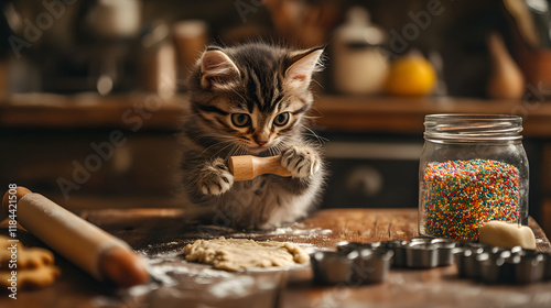 A playful kitten batting at a rolling pin on a rustic kitchen table, surrounded by cookie cutters, dough, and a jar of sprinkles in a cozy setting 
