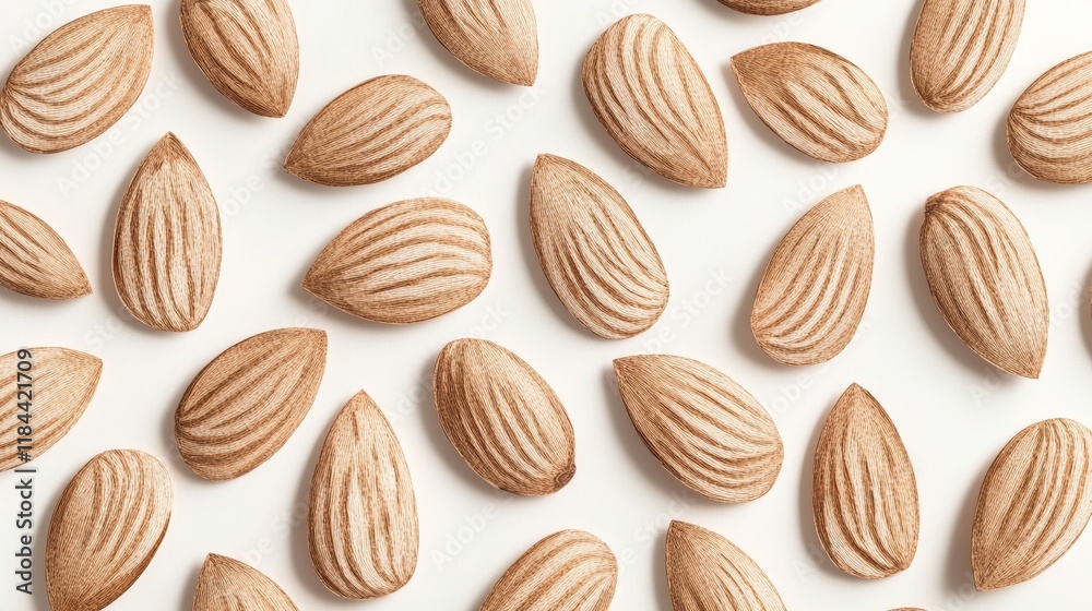 Grid pattern of whole almonds, Indian food ingredient, realistic top view, isolated on white background Grid pattern of whole almonds, Indian food ingredient, realistic top view, isolated on white background