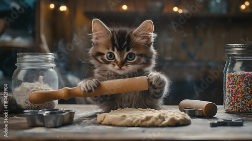 A playful kitten batting at a rolling pin on a rustic kitchen table, surrounded by cookie cutters, dough, and a jar of sprinkles in a cozy setting 