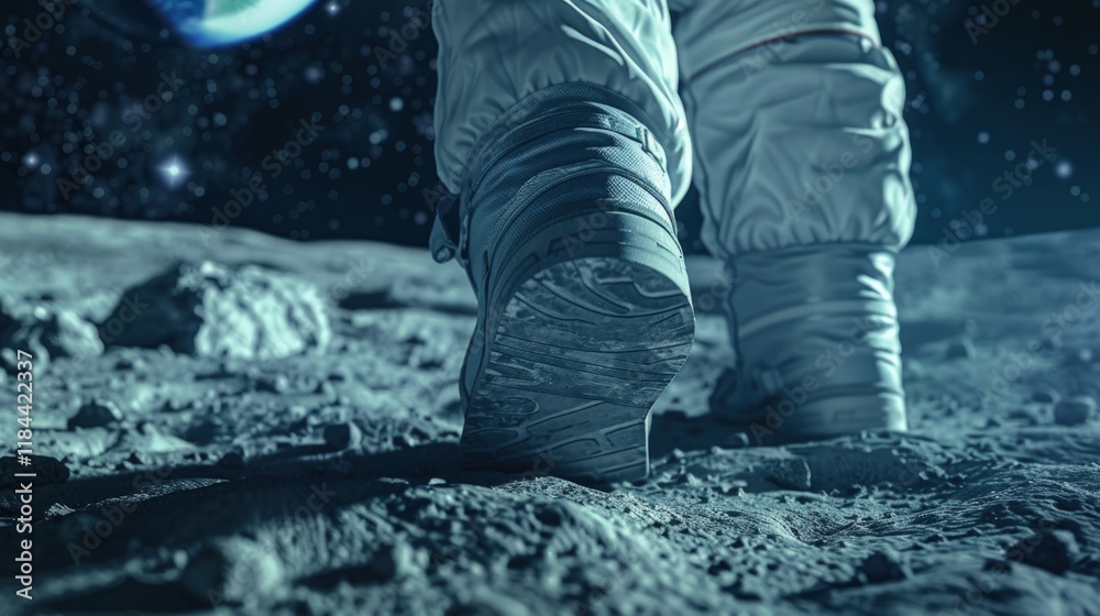 Astronaut boots walking on moon's surface, starry night sky. Astronaut boots walking on moon's surface, starry night sky.