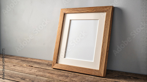 Wooden photo frame on rustic wooden table photo