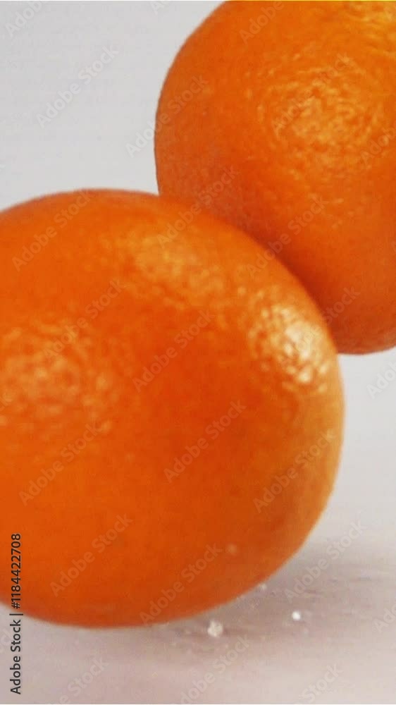 Fresh tasty Oranges fall and bounce on white wet surface with splash and spray slow motion rapidly Vertical Shot. Fresh tasty Oranges fall and bounce on white wet surface with splash and spray slow motion rapidly Vertical Shot.