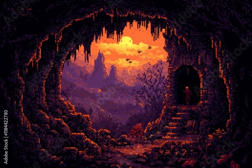 Intricate pixelated design of a haunted cave with eerie vibes. photo