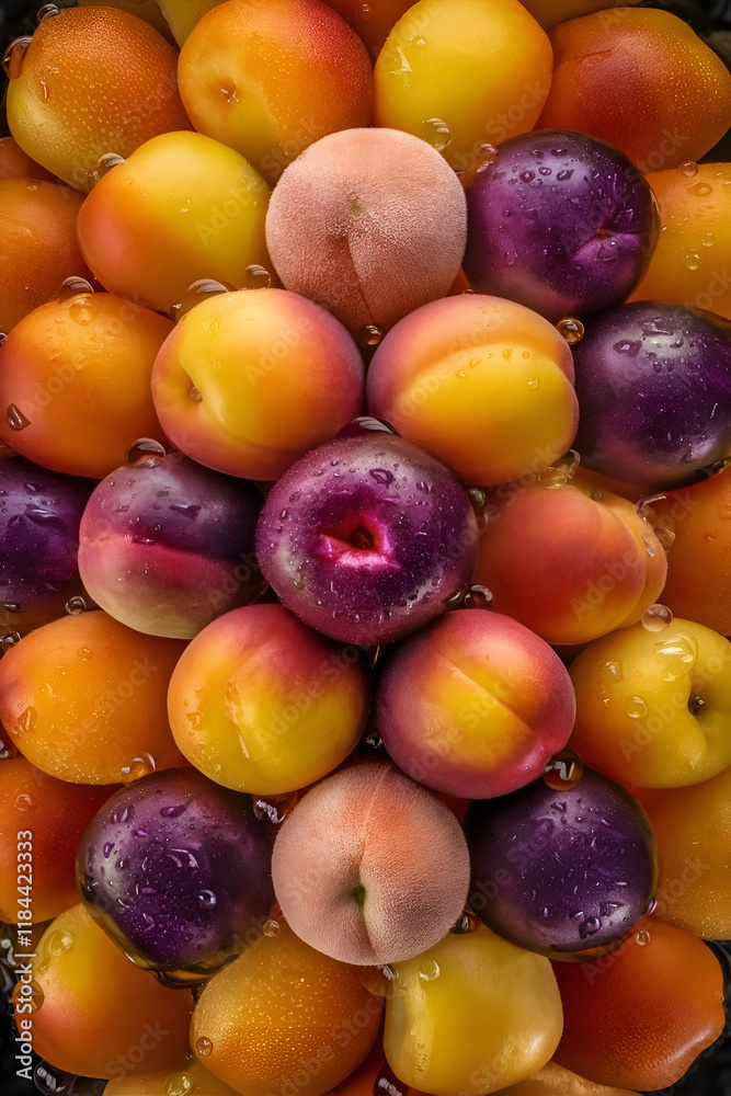 beautiful studio background image with ripe plumps and apricots with water drops. flat lay. digital artwork. Ai generated.