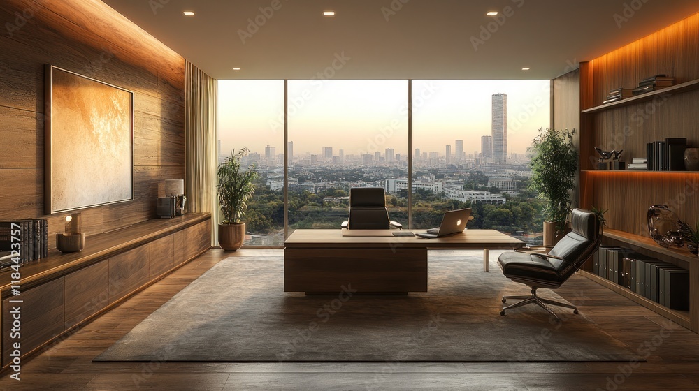 Fototapeta premium Modern luxury office with city view, wooden furniture, and large windows.