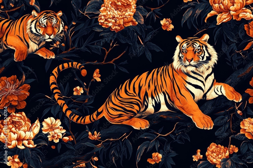 Fototapeta premium Artistic representation of tigers in a classic chinoiserie pattern.
