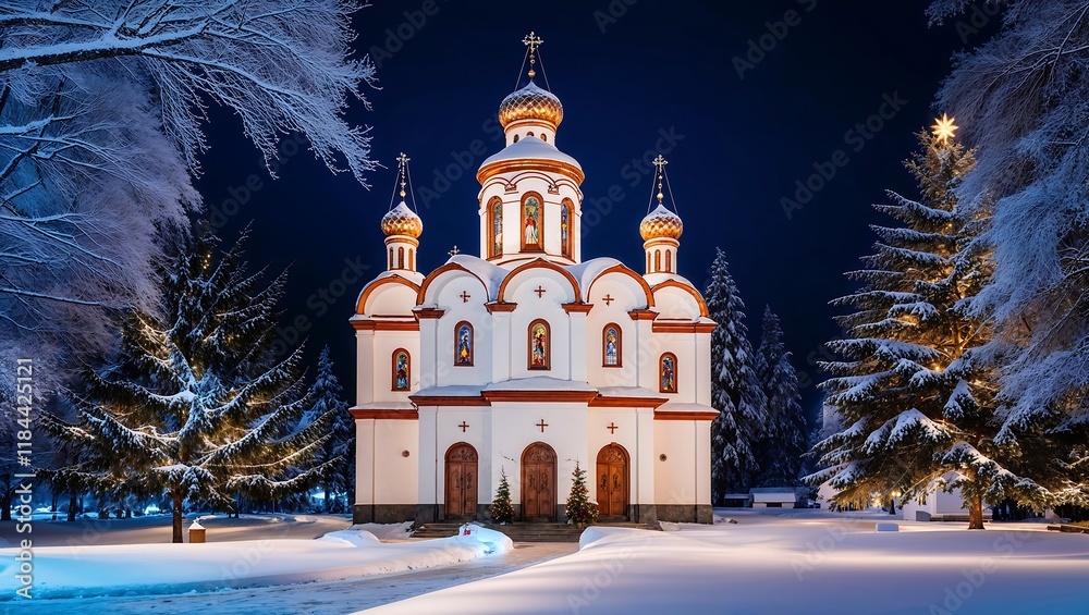Fototapeta premium Orthodox Church Illuminated At Night With Sno