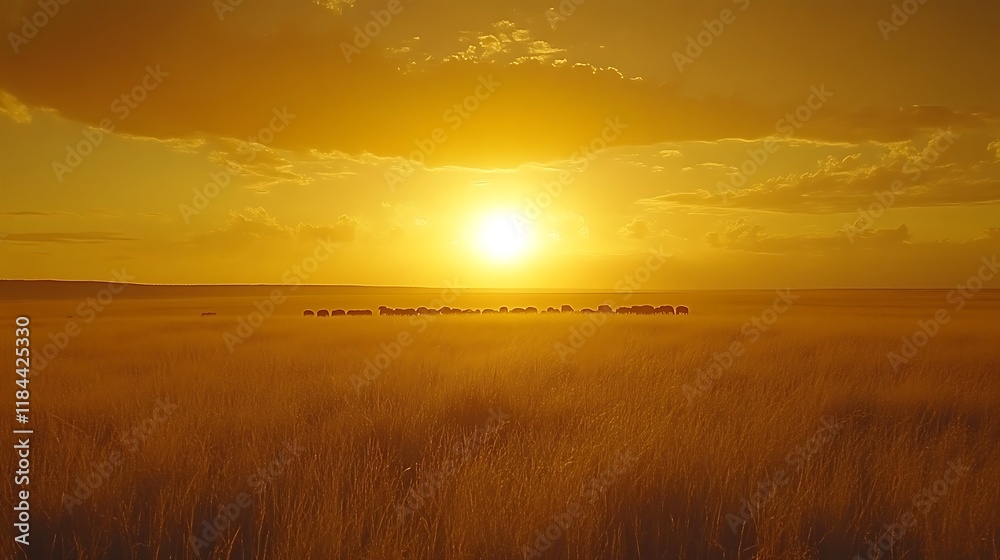 Golden Sunset Prairie: Silhouetted Herd in Warm Hues Golden Sunset Prairie: Silhouetted Herd in Warm Hues