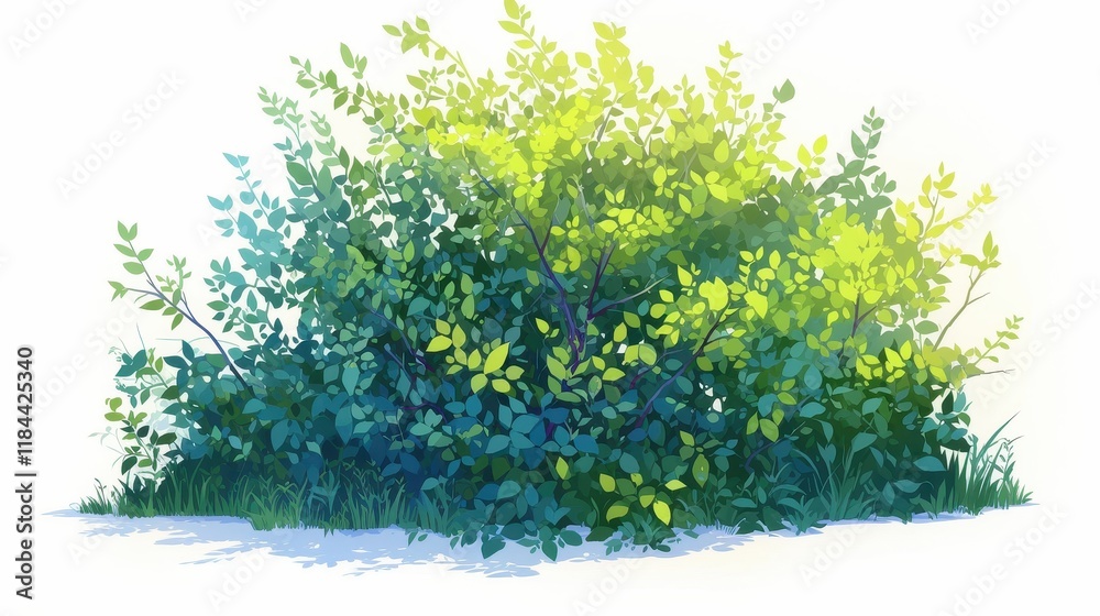 Obraz premium Cartoon Shrub Illustration, vibrant green leaves, whimsical design, suitable for animations, games, and children's books, isolated on a clean white background, playful and engaging.