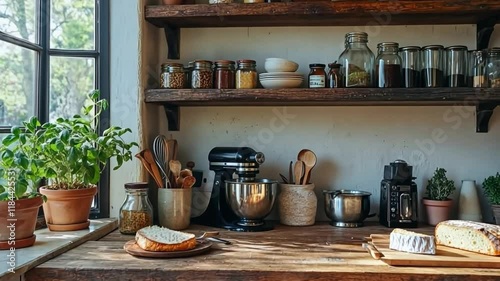 Wallpaper Mural This cozy kitchen showcases a blend of natural elements and vintage style. Great for culinary inspiration or home decor ideas. A scene for cooking lovers. Generative AI Torontodigital.ca