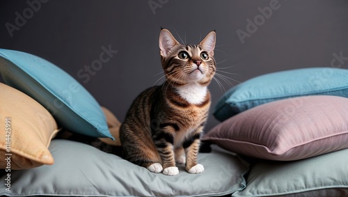 Munchkin Cat Sitting On A Pile Of Pillows Loo