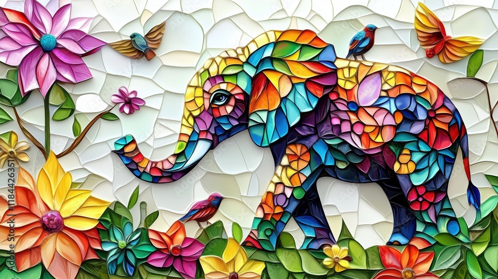 Obraz premium Elephant surrounded by flowers and birds. Stained glass style background.