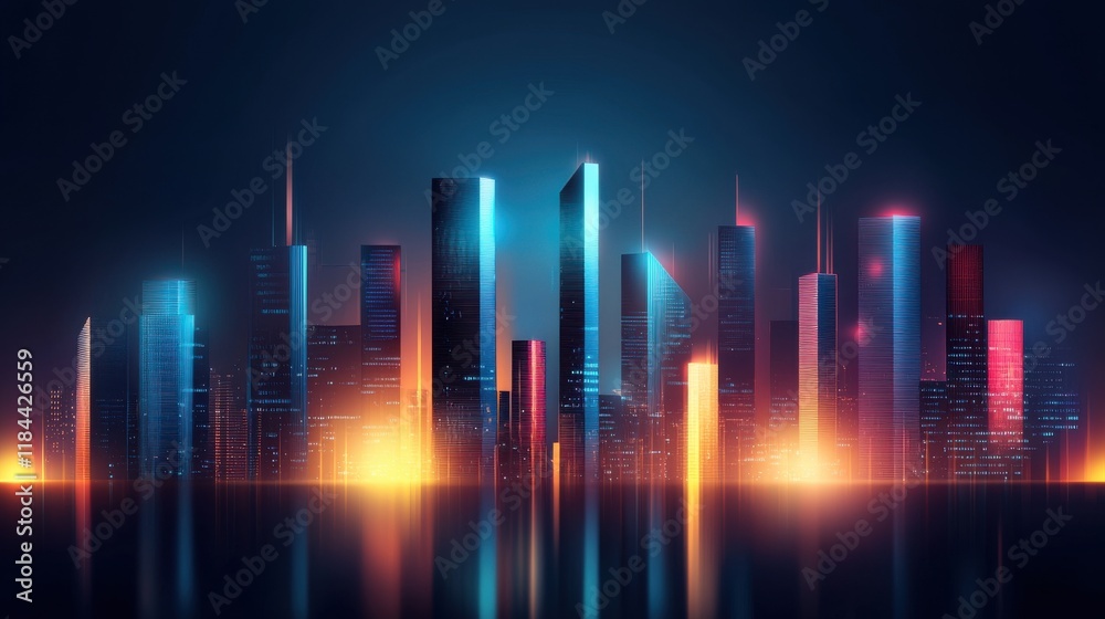 Dazzling Futuristic Metropolis Skyline Illuminated at Night with Reflective Skyscrapers and Neon Lights Dazzling Futuristic Metropolis Skyline Illuminated at Night with Reflective Skyscrapers and Neon Lights