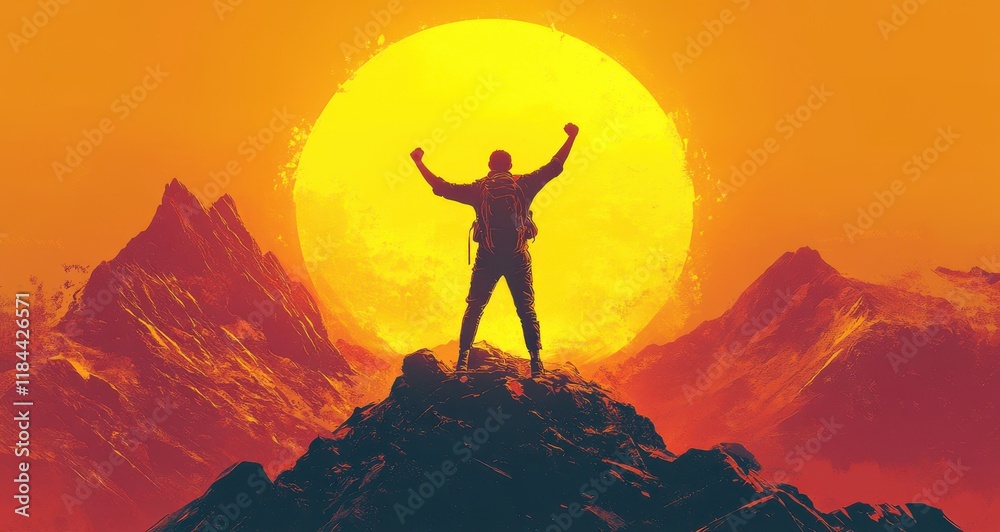 A man is standing on a mountain top, with a large sun in the background. Generative AI A man is standing on a mountain top, with a large sun in the background. Generative AI