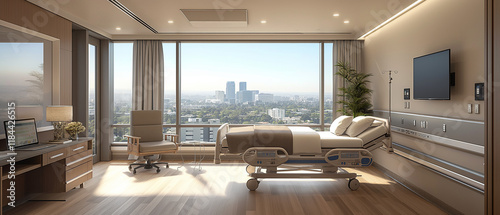 A hospital room with a bed, a chair, a television, and a potted plant