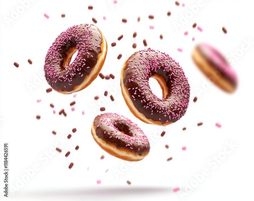 Flying Doughnuts with Chocolate and Pink Sprinkles on White Background