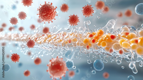 Microscopic view of a spreading virus, possibly a coronavirus or monkeypox or hmpv virus, with spikes. 3D banner illustration, microscopic view of floating influenza virus cells. photo