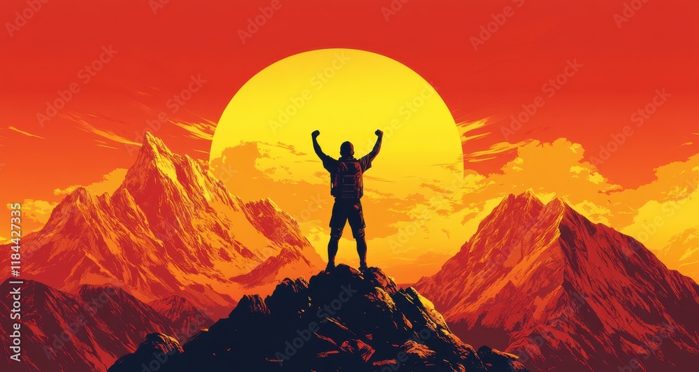 A man is standing on a mountain top, with a large sun in the background. Generative AI A man is standing on a mountain top, with a large sun in the background. Generative AI