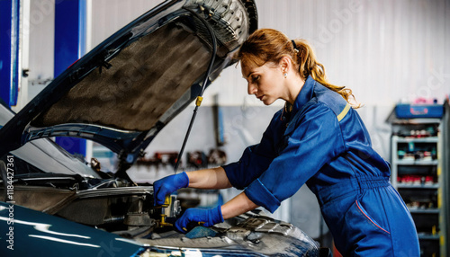 Skilled professional working on automobile repair in a workshop garage environment