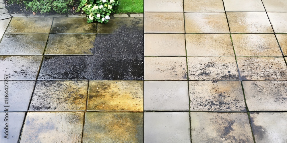 Contrast of a dirty patio versus a clean patio highlights the effectiveness of high pressure cleaning. Experience the transformation from a dirty patio to a freshly washed, pristine patio surface.