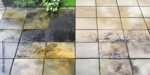 Obraz na płótnie Contrast of a dirty patio versus a clean patio highlights the effectiveness of high pressure cleaning. Experience the transformation from a dirty patio to a freshly washed, pristine patio surface. w salonie