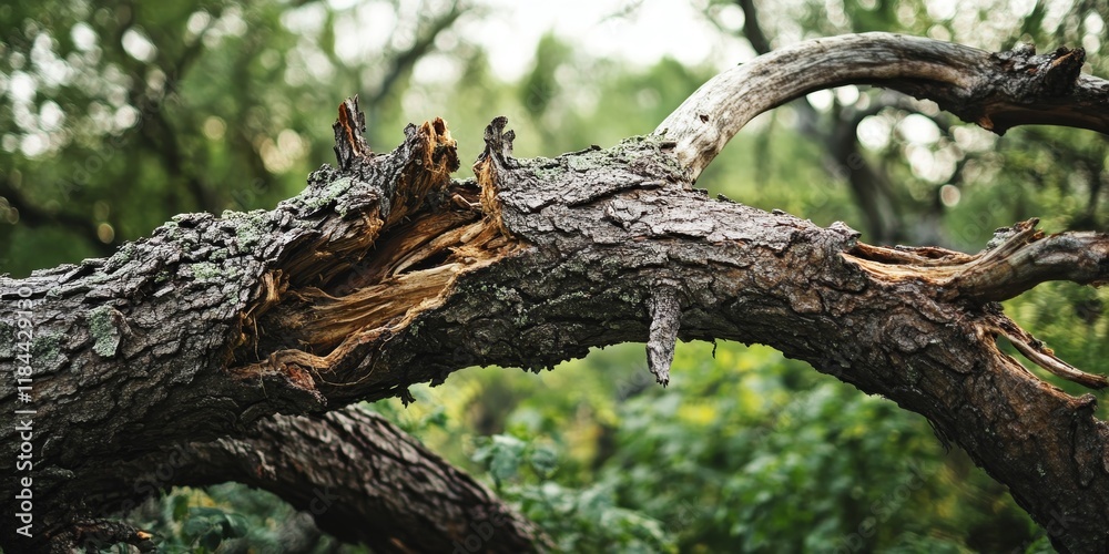 Close up view of a fallen tree branch, showcasing the snapped end as a result of severe weather events. The tree branch serves as a reminder of the impact of powerful storms on nature.