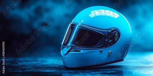 Light blue helmet set against a retro blue backdrop creates a striking visual of a baby blue helmet amid an antique blue atmosphere. photo