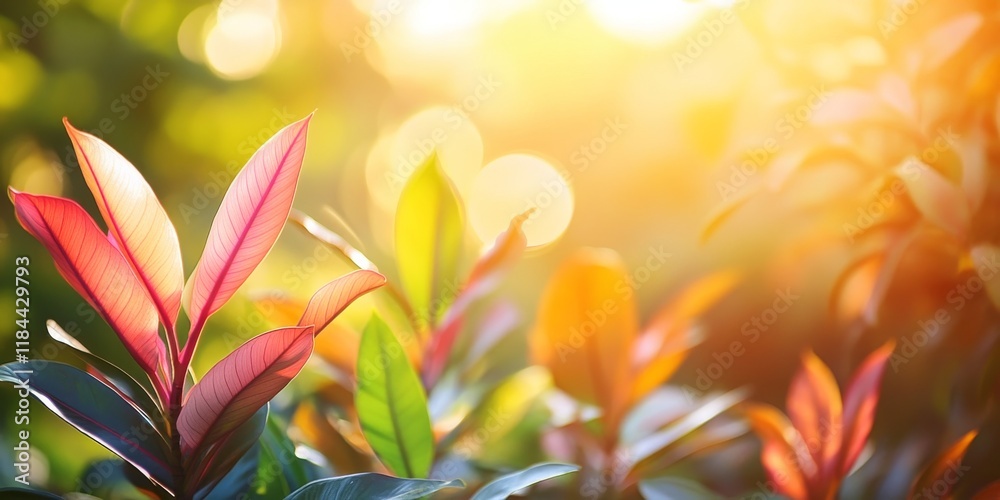 Fototapeta premium Vibrant plants basking in the warm sunshine during a stunning summer sunset, highlighting the beauty of nature as sunlight dances on the leaves, creating an enchanting summer scene with plants.