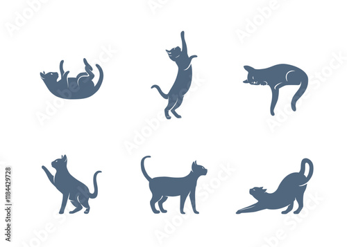 Cat Logo Vector Silhouettes Set. Pet Kitten Icon Illustrations Outline Abstract Isolated Cartoon Graphic Collection. Sleeping, Walking, Yoga Stretching and Sitting Calm Elegant Animals
