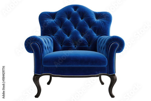 Velvet prosperity idea. Elegant blue velvet armchair with intricate tufted design and dark wooden legs.