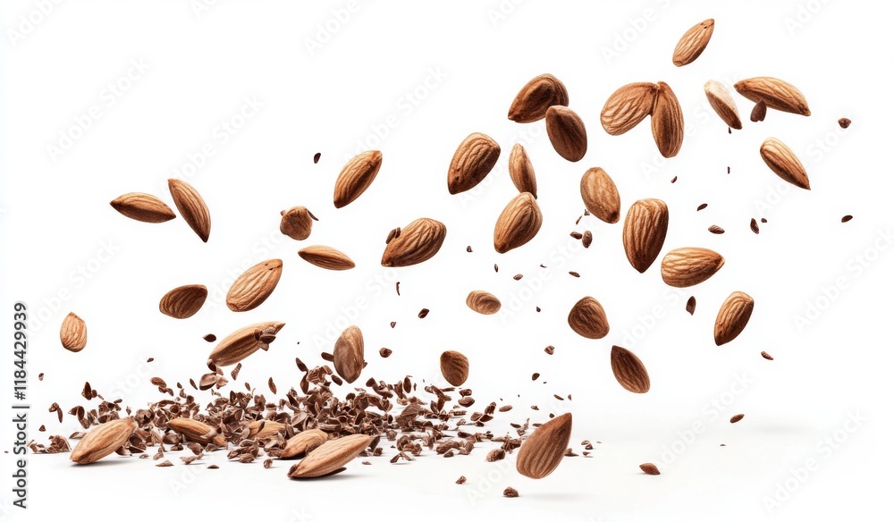 Obraz premium Falling Almond Nuts on White Background, Detailed Illustration, High-Resolution, Professional Color Grading, Clear Focus