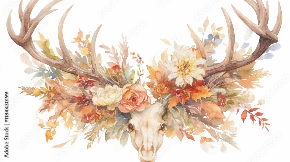 Fototapeta premium Rustic Antler Bouquet with Watercolor Florals, a charming arrangement showcasing delicate blooms entwined around natural antlers, perfect for a woodland-themed decor.