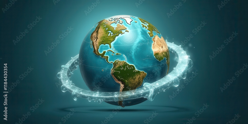 Naklejka premium Glowing Ring Orbiting Realistic Earth Globe