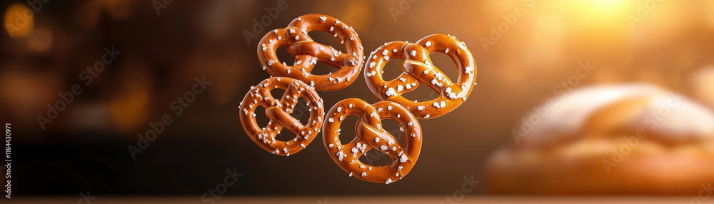 Floating pretzels arranged in circular pattern, showcasing their golden brown color and salt crystals. This evokes sense of fun and indulgence Floating pretzels arranged in circular pattern, showcasing their golden brown color and salt crystals. This evokes sense of fun and indulgence