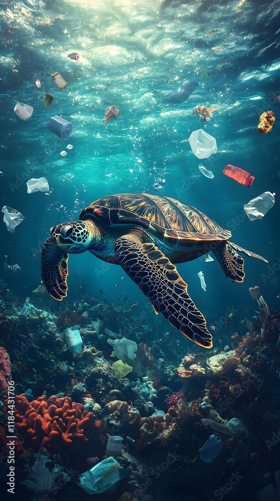 Naklejka premium Aquatic turtle encounters plastic pollution underwater.