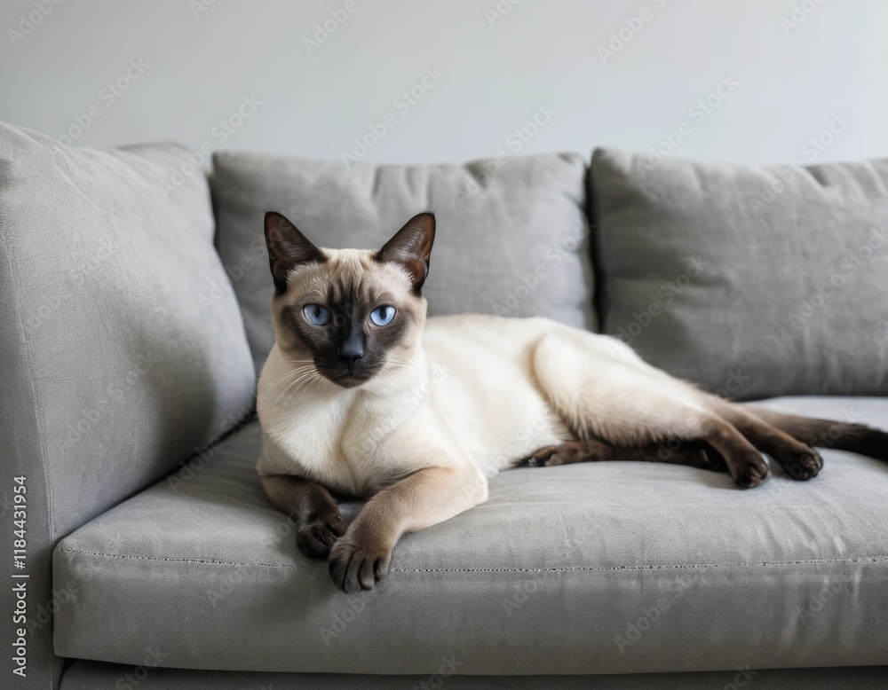 Fototapeta premium Serene Siamese Cat Relaxing on Gray Sofa, Elegant Pet Portrait