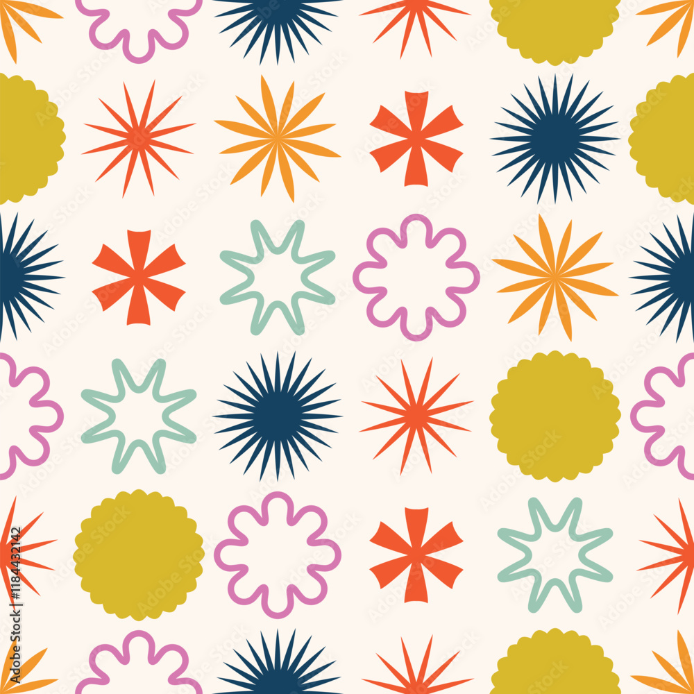 Abstract Seamless Pattern. A vibrant and colorful mix of shapes, such as stars and circle, ideal for modern designs Abstract Seamless Pattern. A vibrant and colorful mix of shapes, such as stars and circle, ideal for modern designs