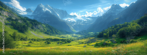 Wallpaper Mural Switzerland's mountain landscape in the summer season, lush green mountain valleys in summer, and the peaceful beauty of nature during summertime. Generative Ai Torontodigital.ca